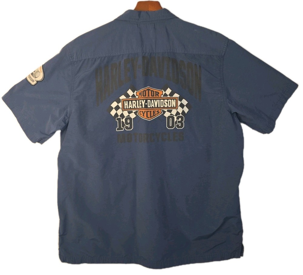 VTG Y2K Mens Harley-Davidson Shirt Blue Ripstop Button Up Mechanic XL