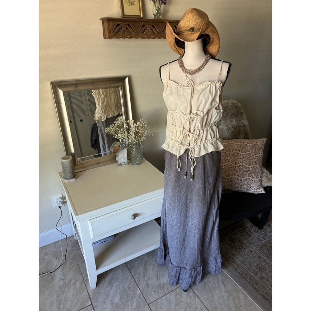 Vtg Y2K Eddie Bauer 100% linen pull on cottage Prairie western maxi skirt M tall