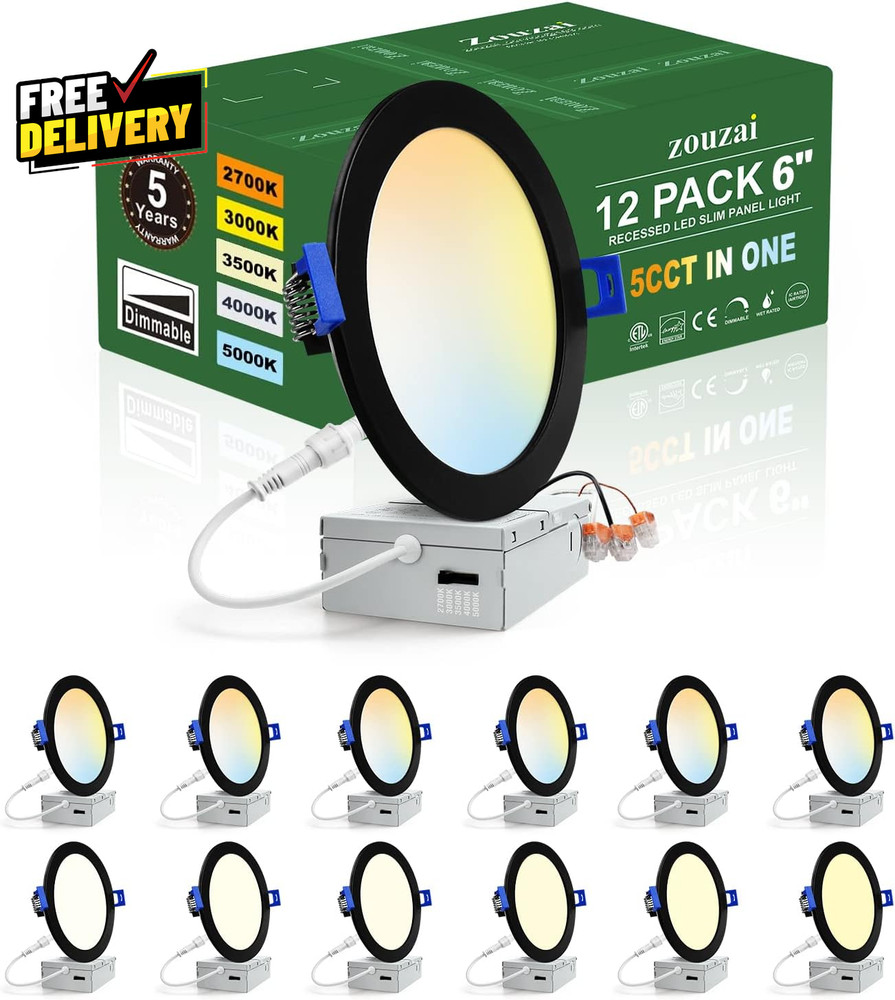 12 Pack 6 Inch Black 5CCT Reset LED Recessed Ceiling Light with Junction Box....