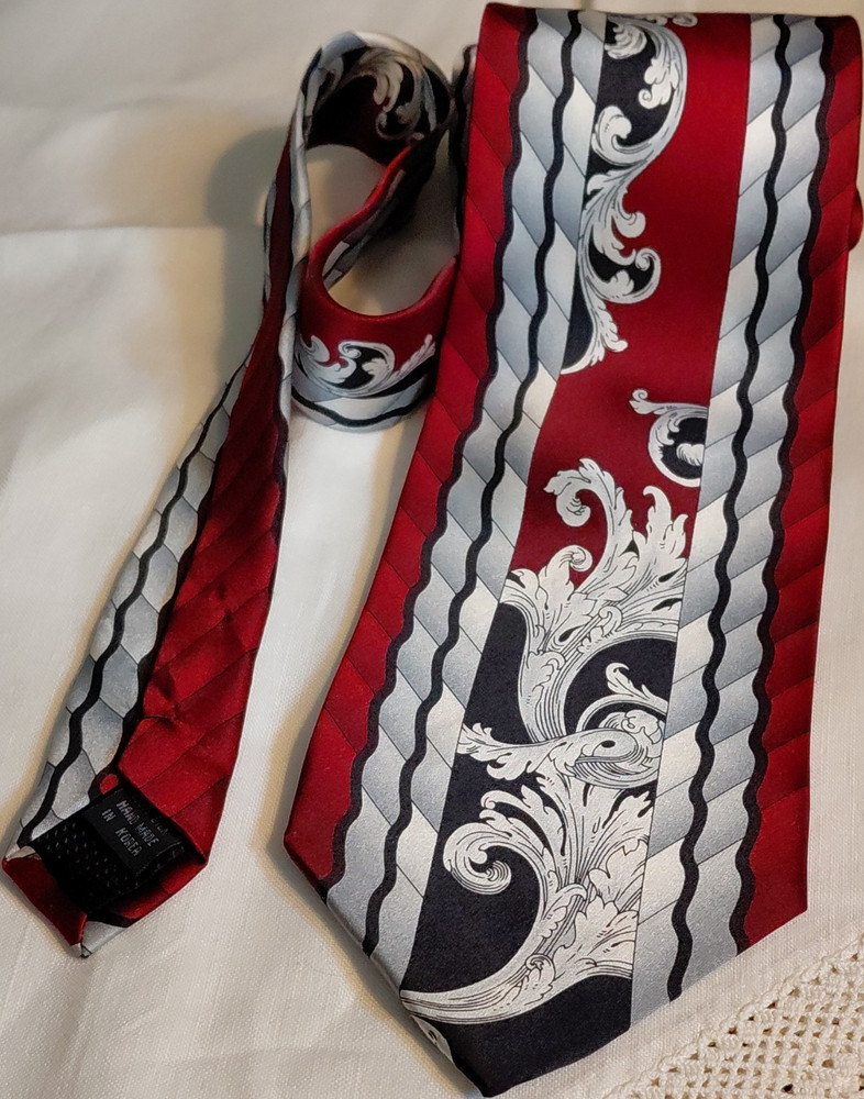 John Blair Floral Striped Silk Tie Red/Black/Silver Classic Men's  4