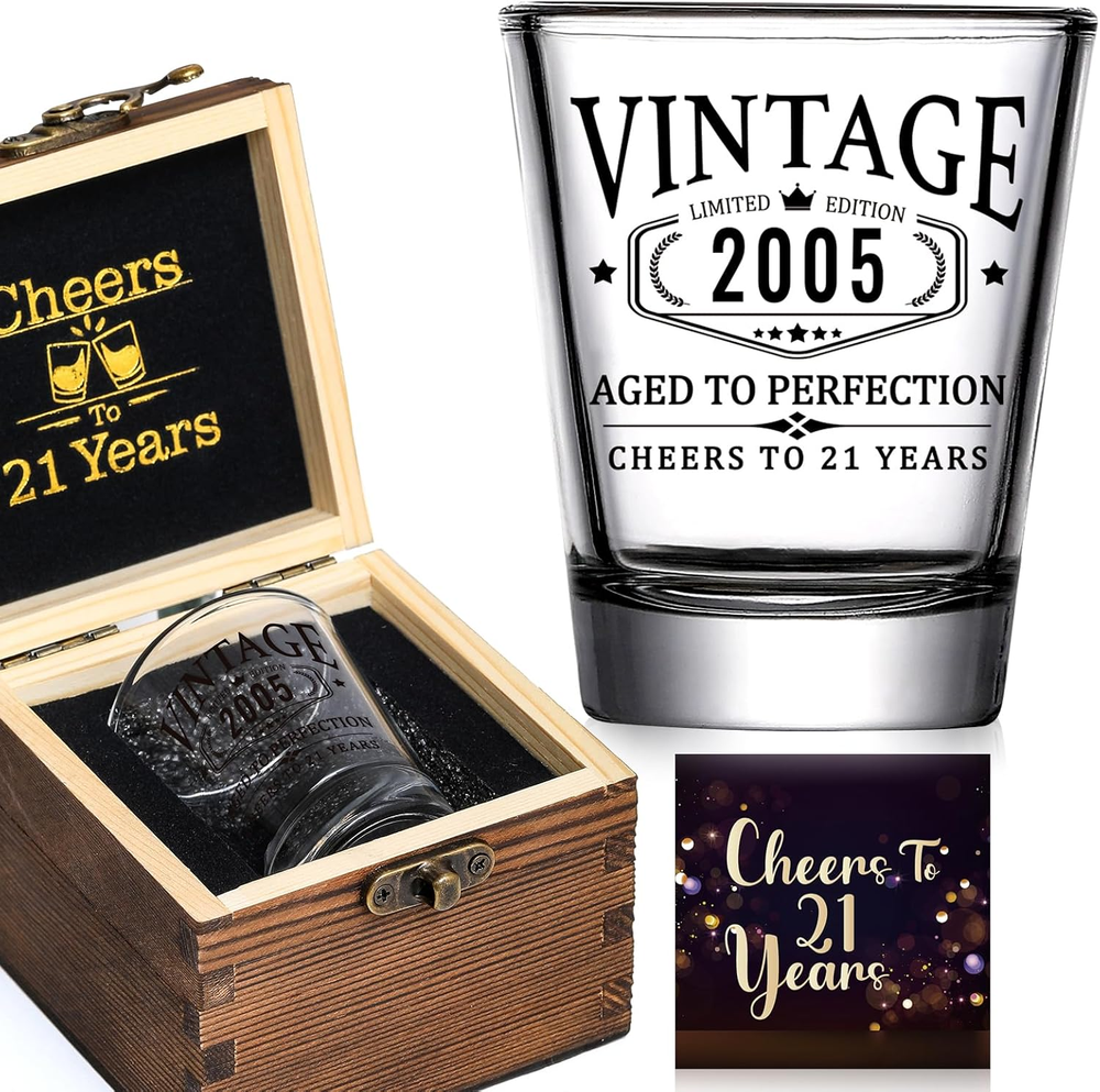 21St Birthday Gifts for Him Her - Limited Edition Shot Glass with Wooden Box - V
