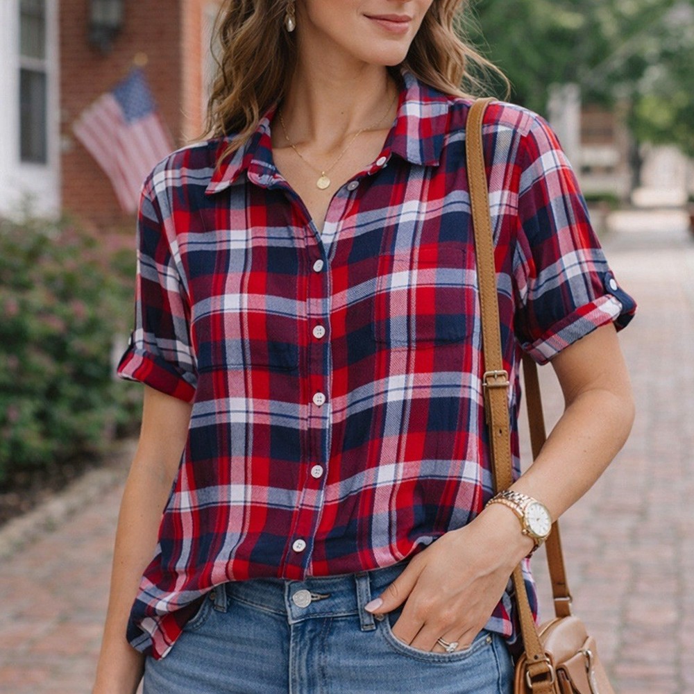 Nordstrom Rack Red Plaid Button Front Shirt Size M Short Sleeve Rayon Top