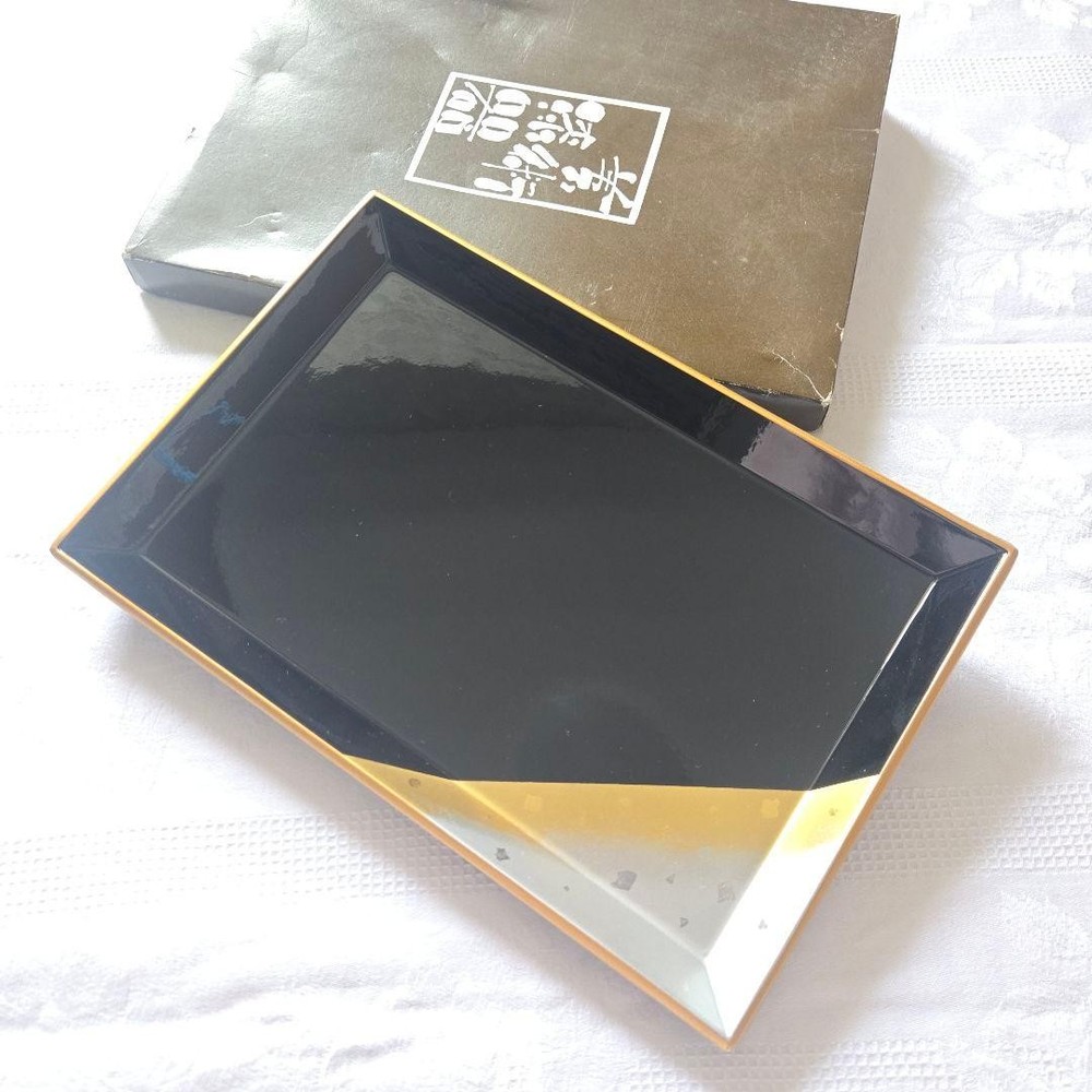 Showa Retro Lacquerware Tray Black Gold Silver Makie Japan Modern 27cm x 18cm
