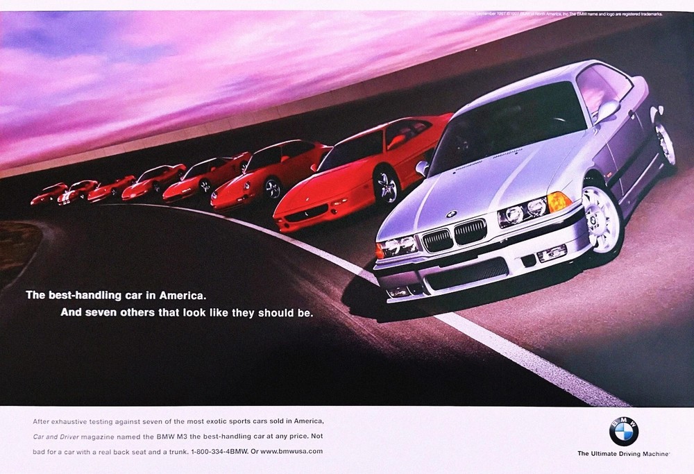 BMW M3 E36 Vintage Ad Poster Best Handling Sports Car Racing Art