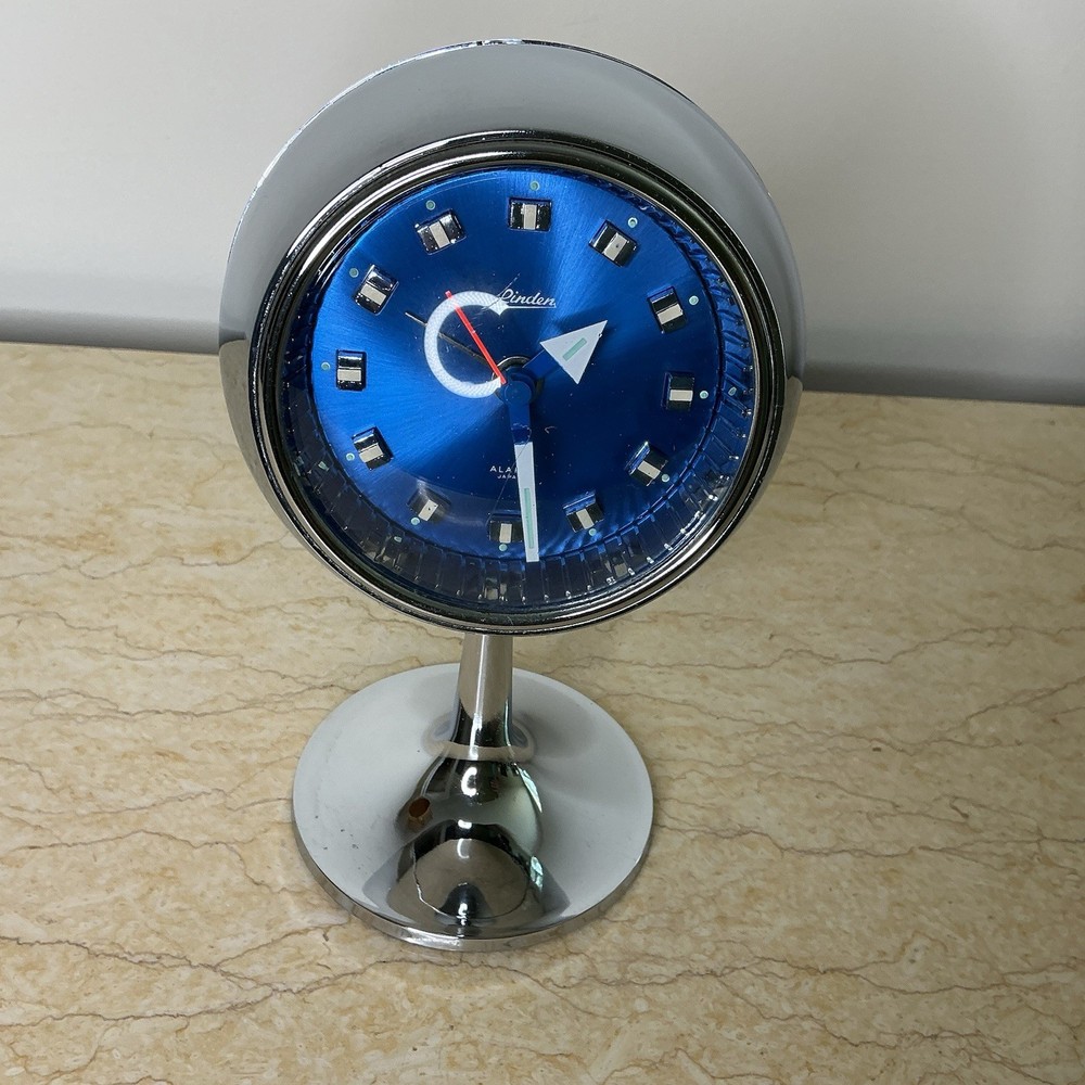 Vintage Linden BlueChrome Mid Century Modern Desk Clock Alarm Analog Metal Japan