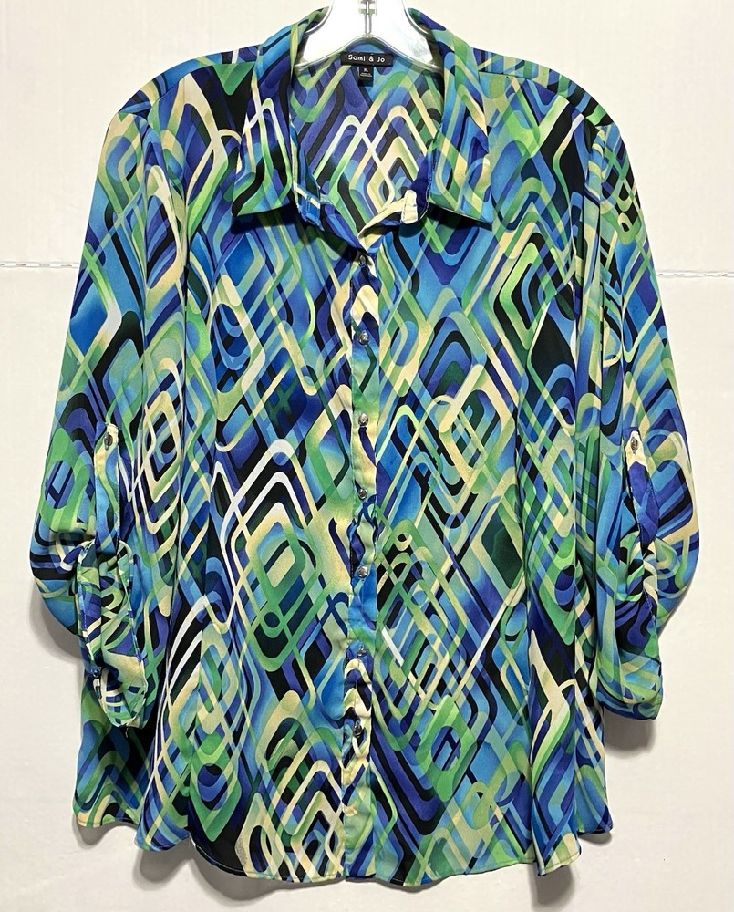 Sami & Jo Button Front Blouse Women’s XL Multicolor Graphic 70s Abstract Artsy-image