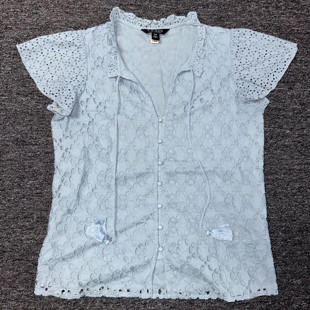 Lauren Ralph Lauren Ruffle Trimmed Eyelet Cotton Blouse Tassel Top Sz S Blue