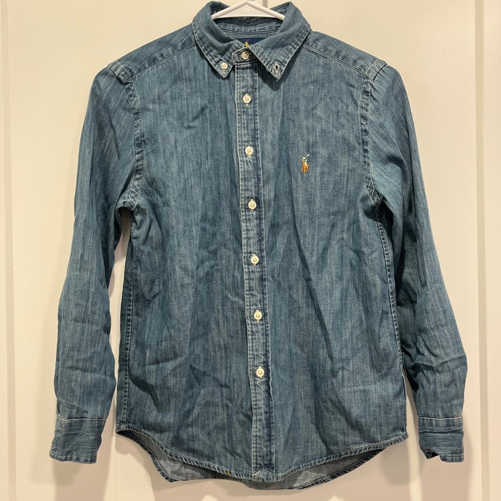 Ralph Lauren Boy Denim Button Down Shirt Medium 10-12 Blue Long Sleeve Pony Logo