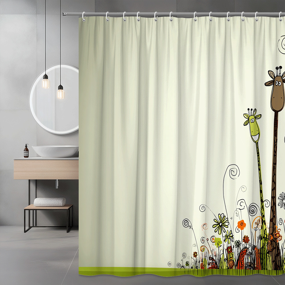 Cartoon Giraffe Floral Shower Curtain, Kids Bathroom Decor