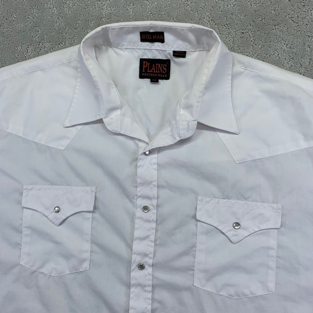 Plains Western Wear Shirt 2X Big Man White Western Short Sleeve Rodeo Pearl Snap