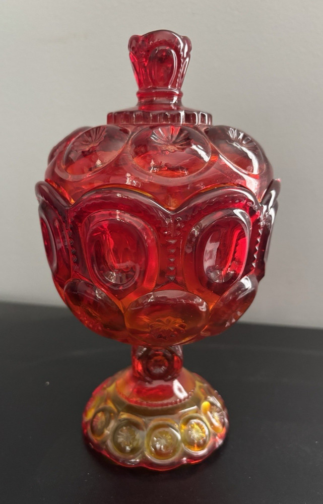 Vintage LE Smith Moon and Stars Ruby Amberina Glass Pedestal Candy Dish with Lid