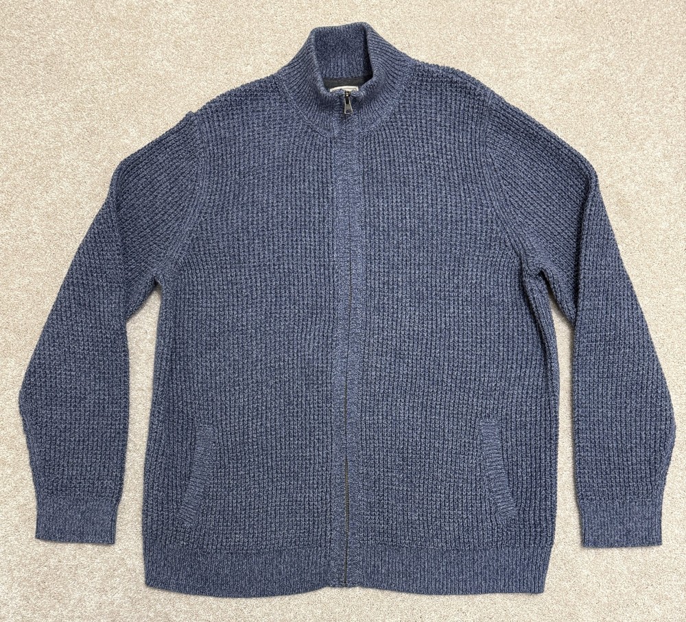 LL Bean Men's Sweater XL Tall Organic Cotton Waffle Blue Full Zip Pockets ~ NWOT
