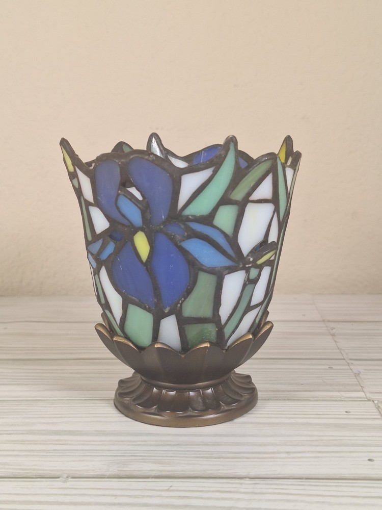 Vtg Partylite Tiffany Style Blue Iris Stained Glass Votive tea Candle Holder