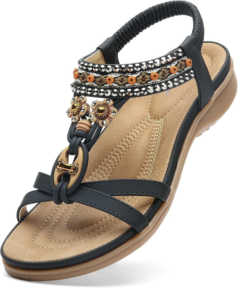 Women's Bohemian T-Strap Sandals with Arch Support & Rhinestone Flower Detail