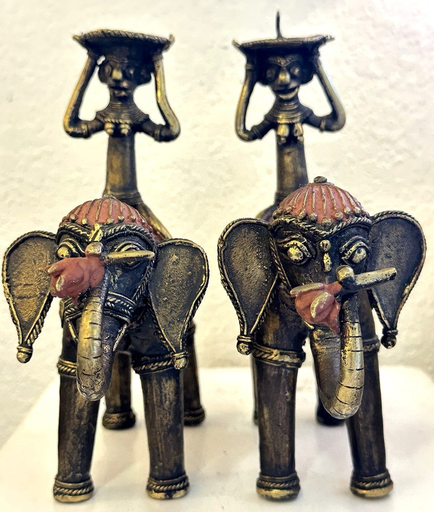 2 Solid Brass Dhokra Crafted Candle Taper Holders Tribal Man Riding Elephant 7”