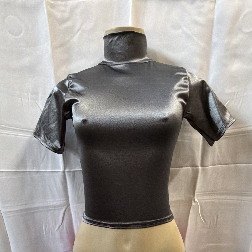 Cheryl Creations Gray Knit Nylon Lycra Top, Short Sleeve Turtleneck Stretch M