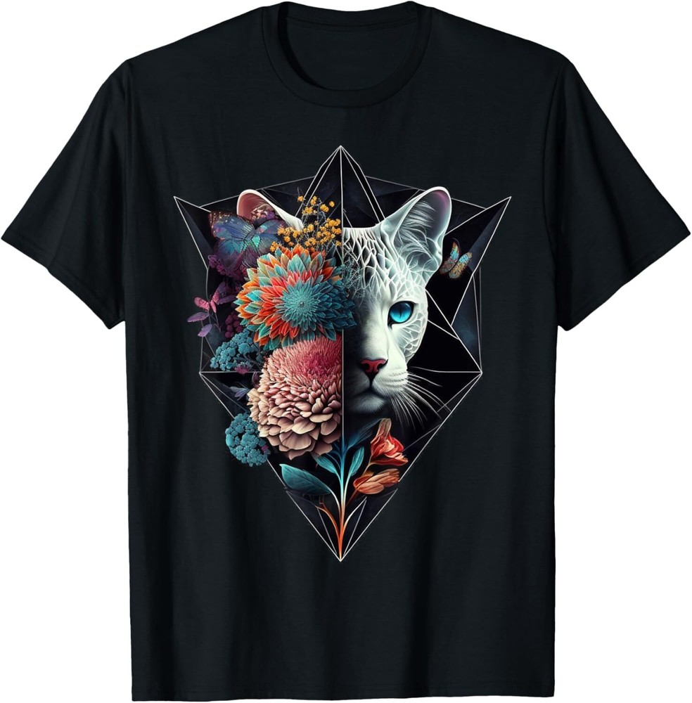 Cat Blue Eyes Mandala Animal Flowers Cat Motif T-Shirt Hoodie