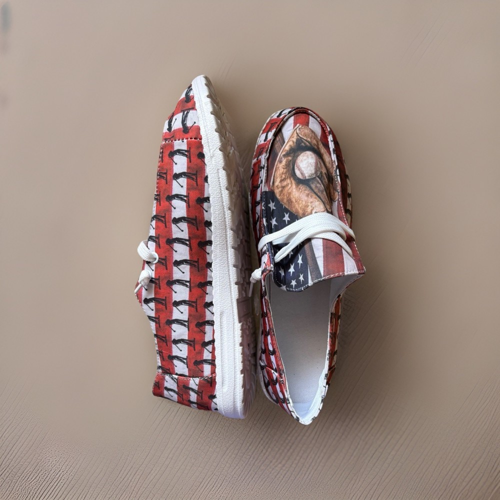 Men's Canvas Slip-On Sneakers Red White Blue Flag Baseball Lace Up Size 10