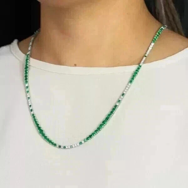 18CT Round Cut Lab Created Emerald Women's Tennis Necklace 14k WhGold Plated 18”