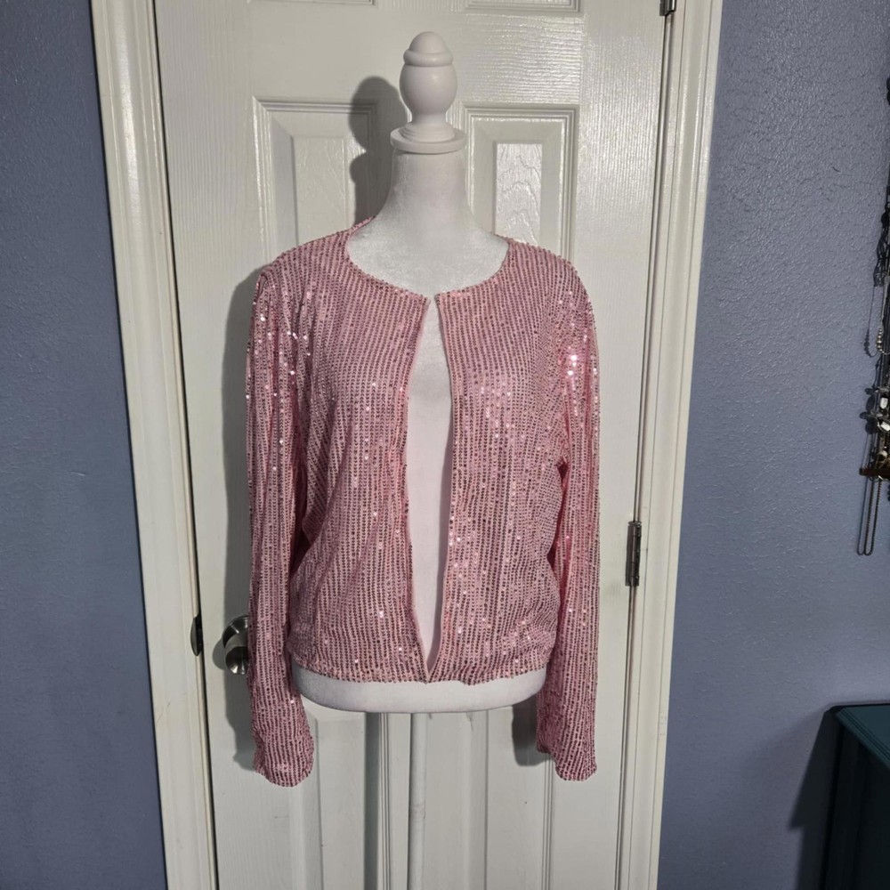NWOT Women XXL Shimmering Pink Sequined Cardigan Jacket Christmas Valentine NYE