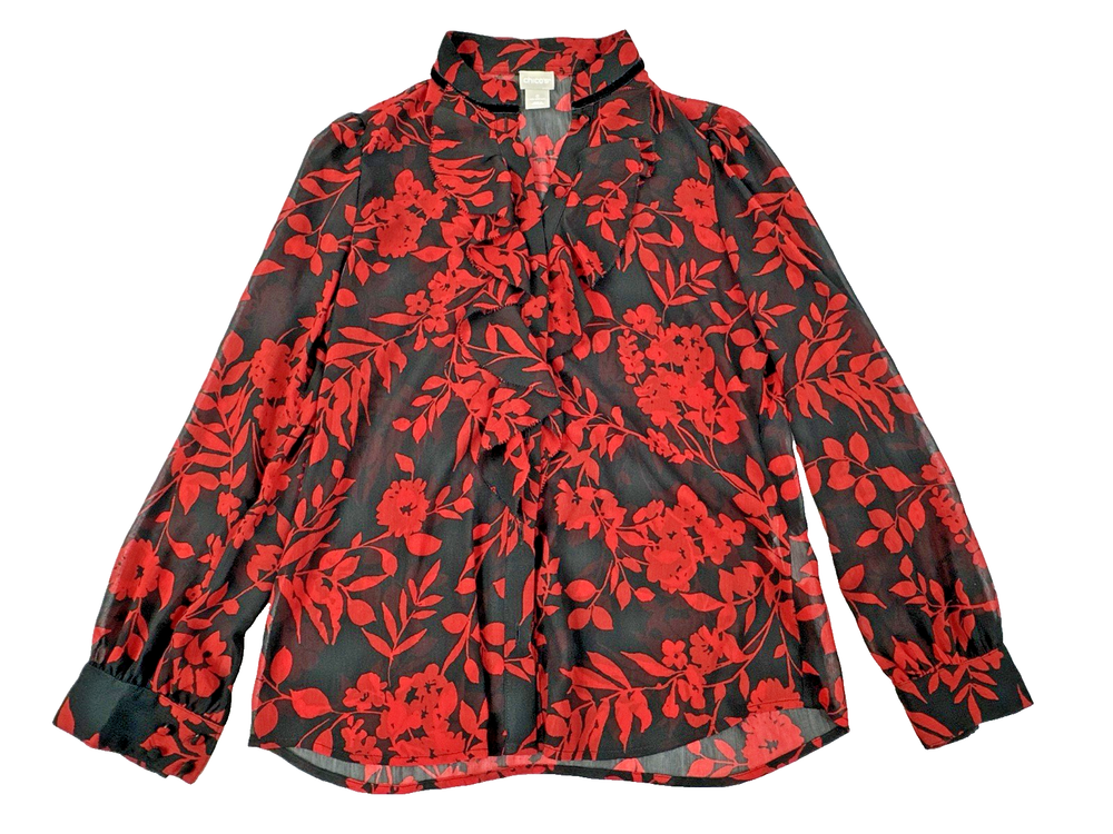 Chico's Sheer Romantic Whimsigoth Button Up Blouse Black & Red . Size 0 US 4/6