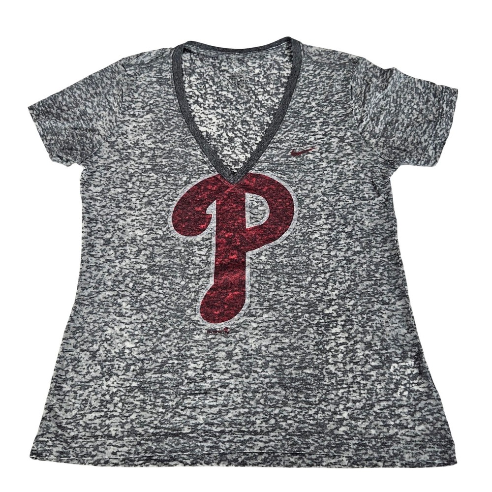 Nike Philadelphia Phillies Women Grey Burnout V-Neck T-Shirt Large MLB Baseball