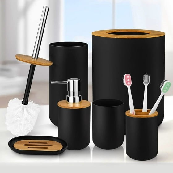 6-Piece Black Bamboo and Plastic Bathroom Accessory Set