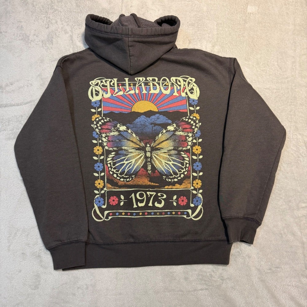 Billabong Womens Butterfly Graphic Hoodie Charcoal Black Retro Surf Sweatshirt S