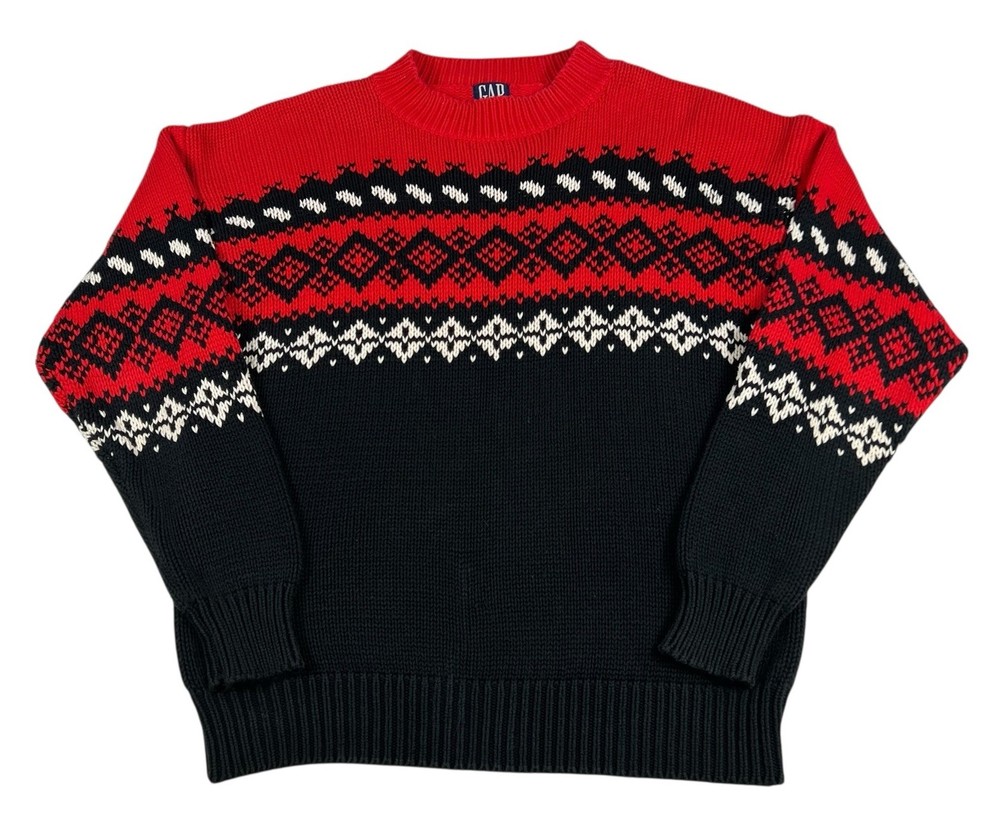 Vintage Gap Sweater Mens Large Black Red Fair Isle Nordic Knit Crewneck Cotton