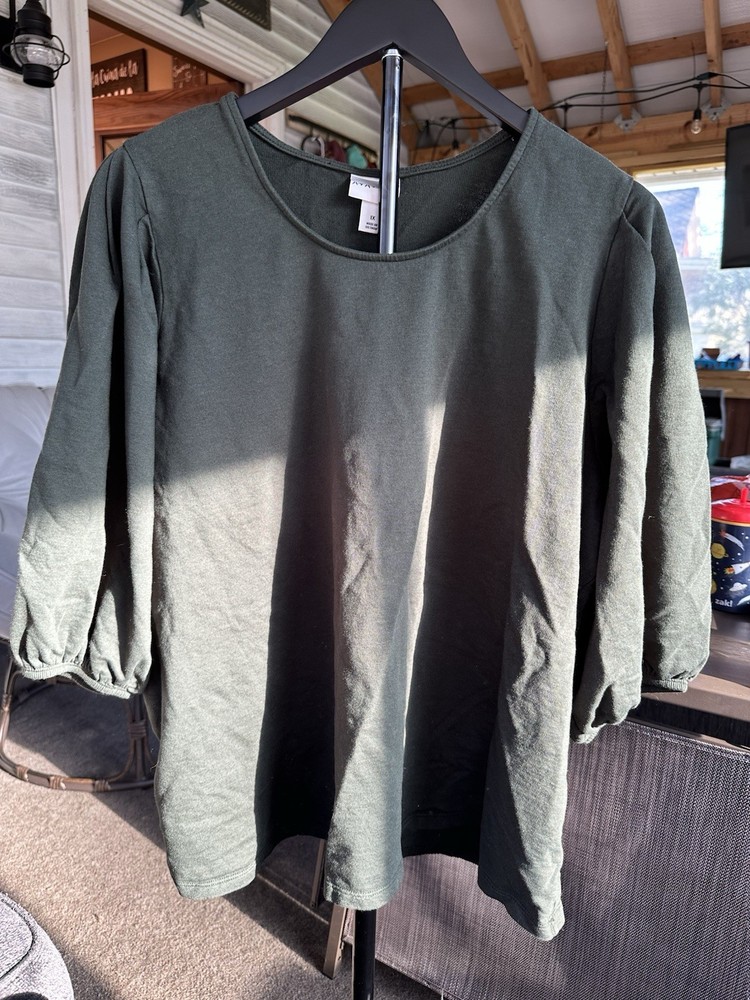 Ava & Viv Plus Size 1X Green Solid Knit Round Neck 3/4 Sleeve Pullover Top