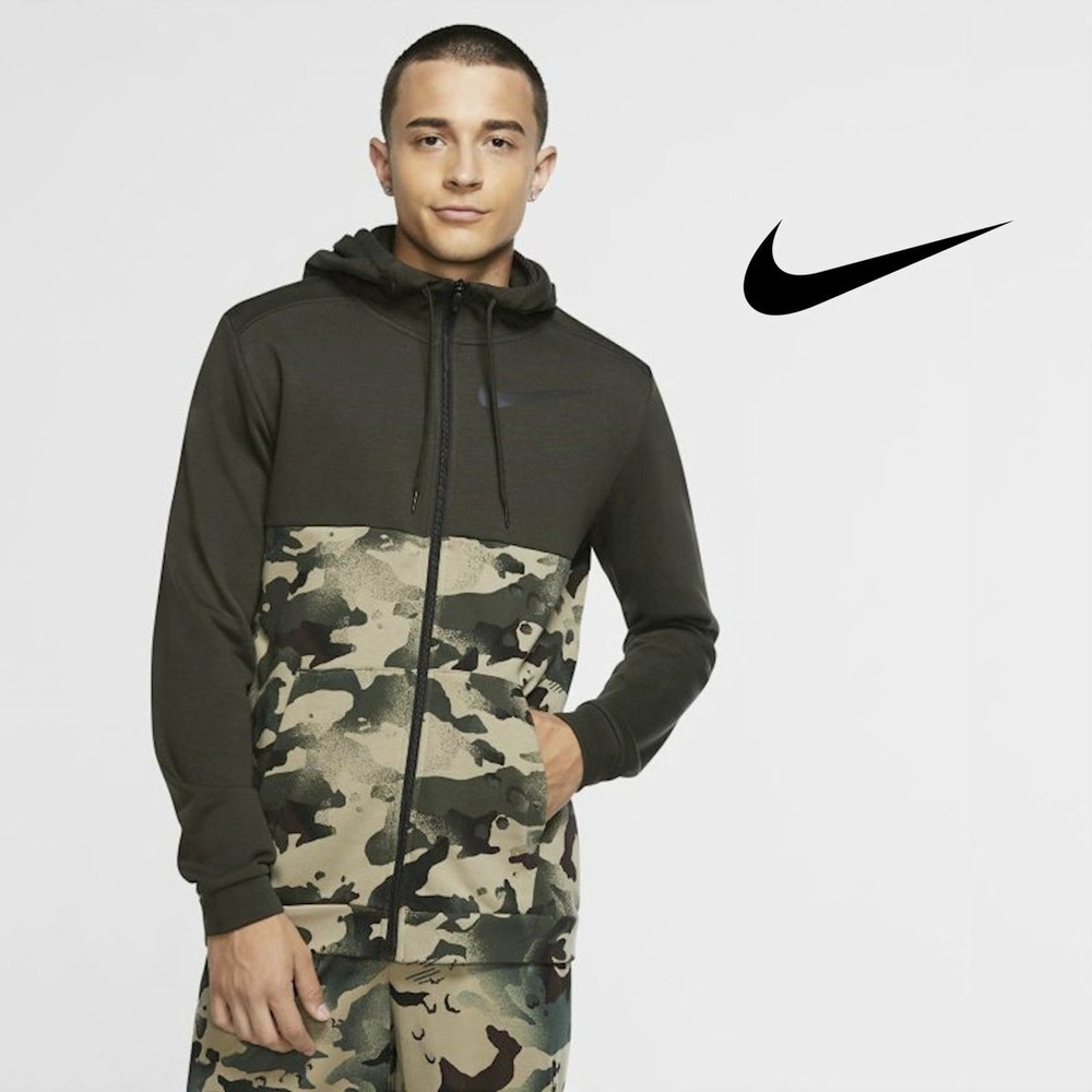 Nike Dri FIT Mens Full Zip Training Workout Hoodie Camo Green L Large