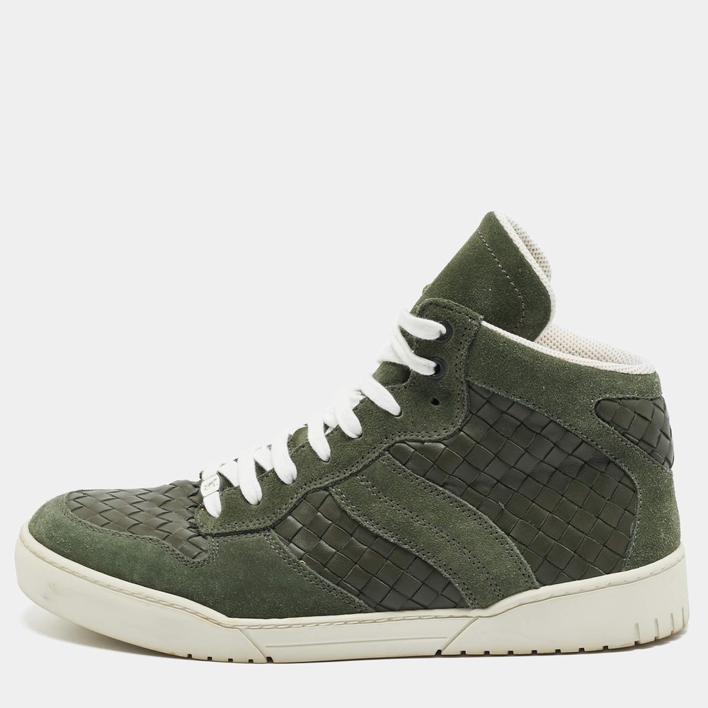 Bottega Veneta Olive Green Suede and Intrecciato Leather High Top Sneakers Size