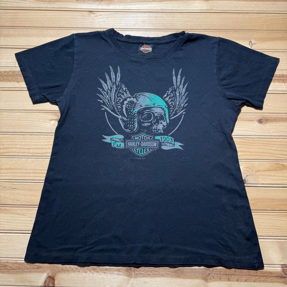 Harley-Davidson North Carolina Cherokee Skull Wings Womens Shirt Size Large