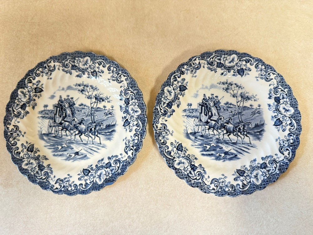 2 Johnson Brothers Coaching Scenes Blue & White Plate Vintage England  transfer