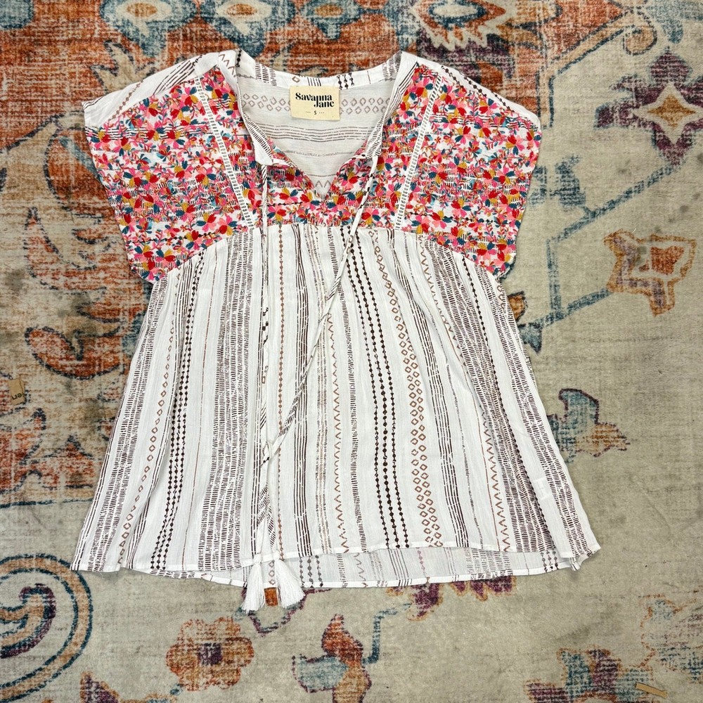 Savanna Jane Women White Embroidered Boho Tassel Peasant Blouse Top 18398 Small