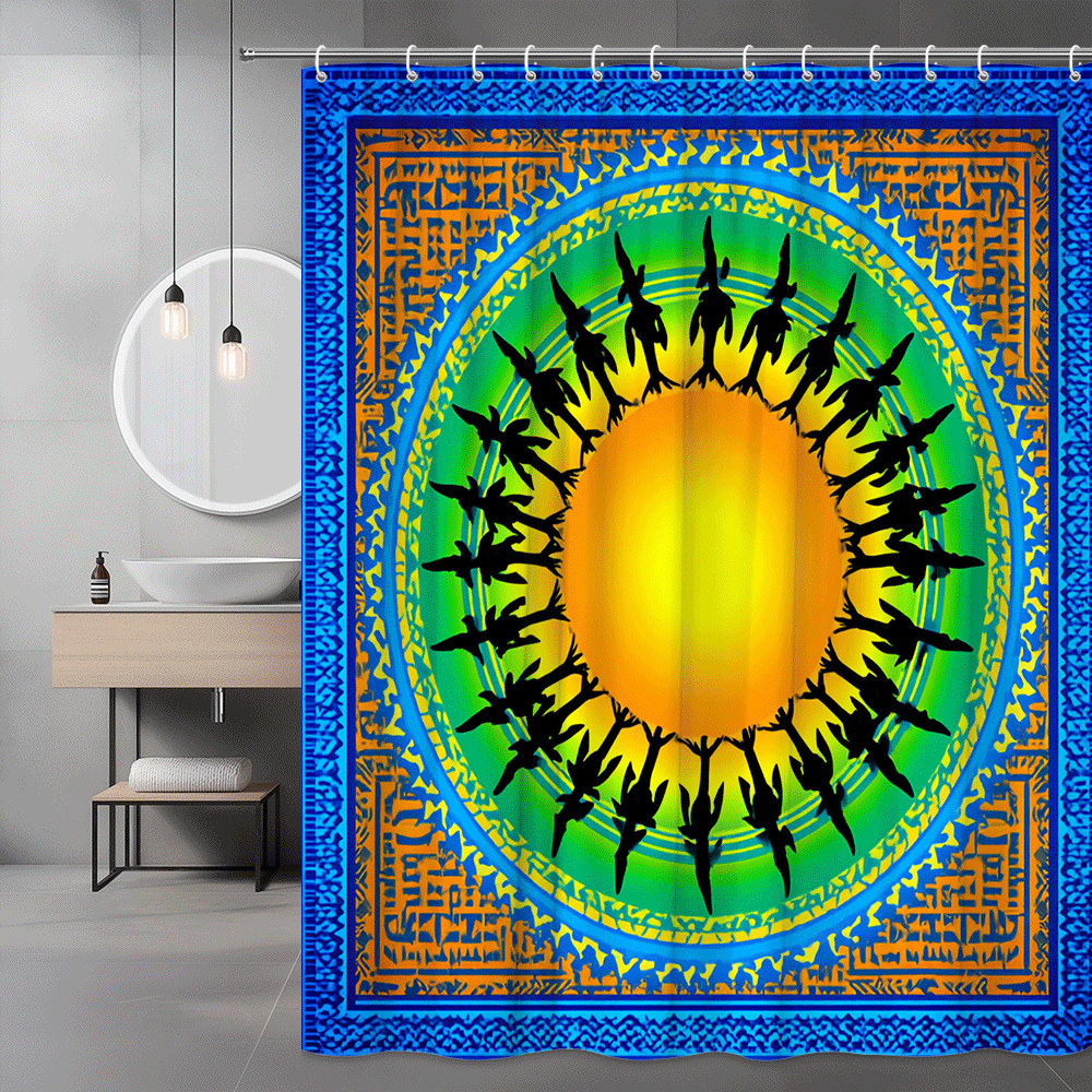 Sunburst Bird Silhouette Shower Curtain Blue Green Orange Graphic