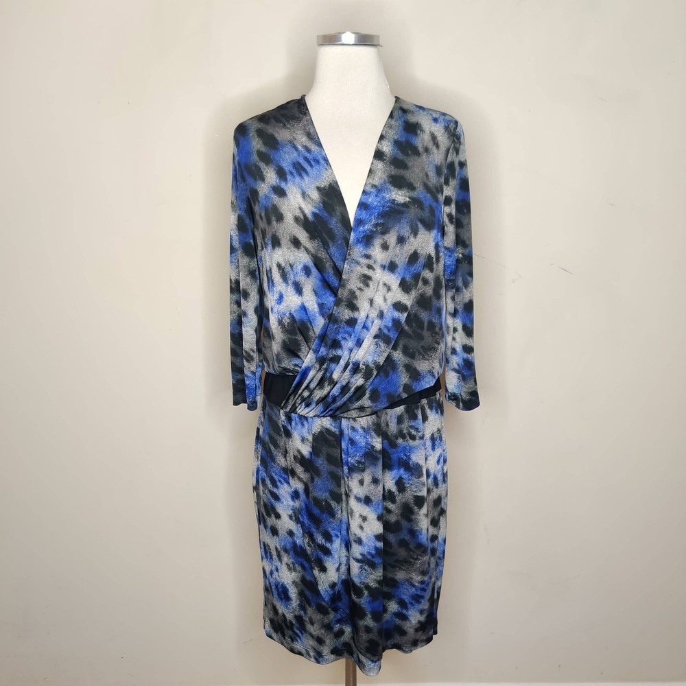 Evan Picone Dress 10 Womens Blue Black Animal Print Faux Wrap V-Neck Long Sleeve