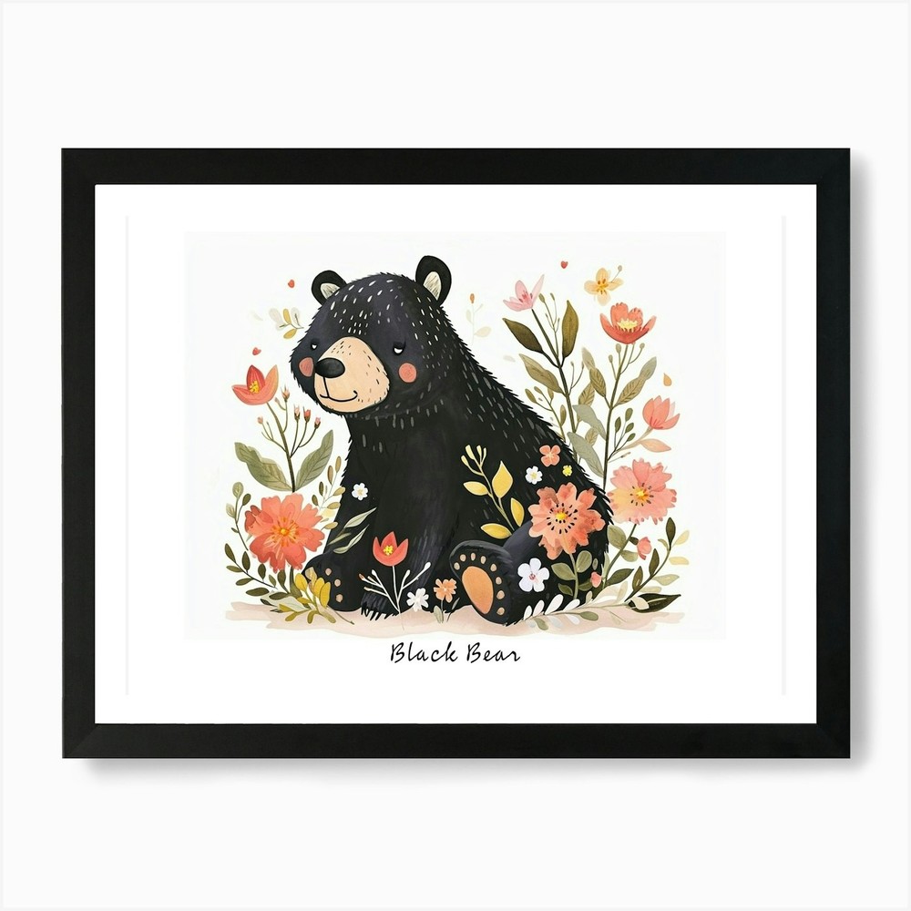 Floral Black Bear Framed Wall Art Canvas Print Poster  
