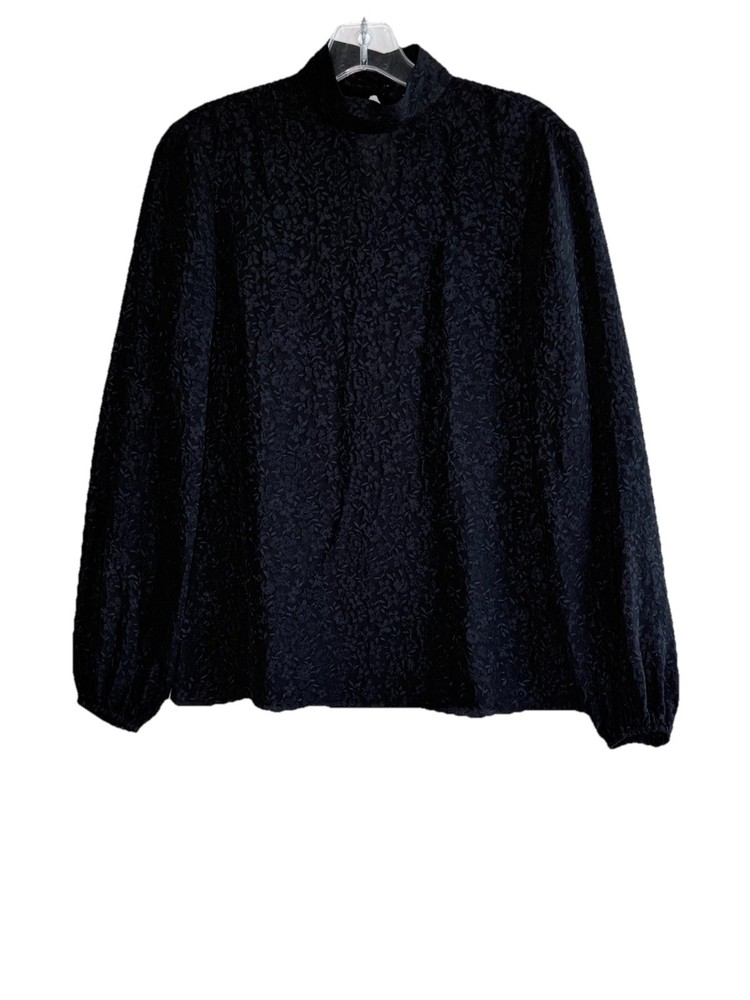 Theory Black 100% Silk Long Sleeve Mock Neck Jacquard Blouse Womens Size P