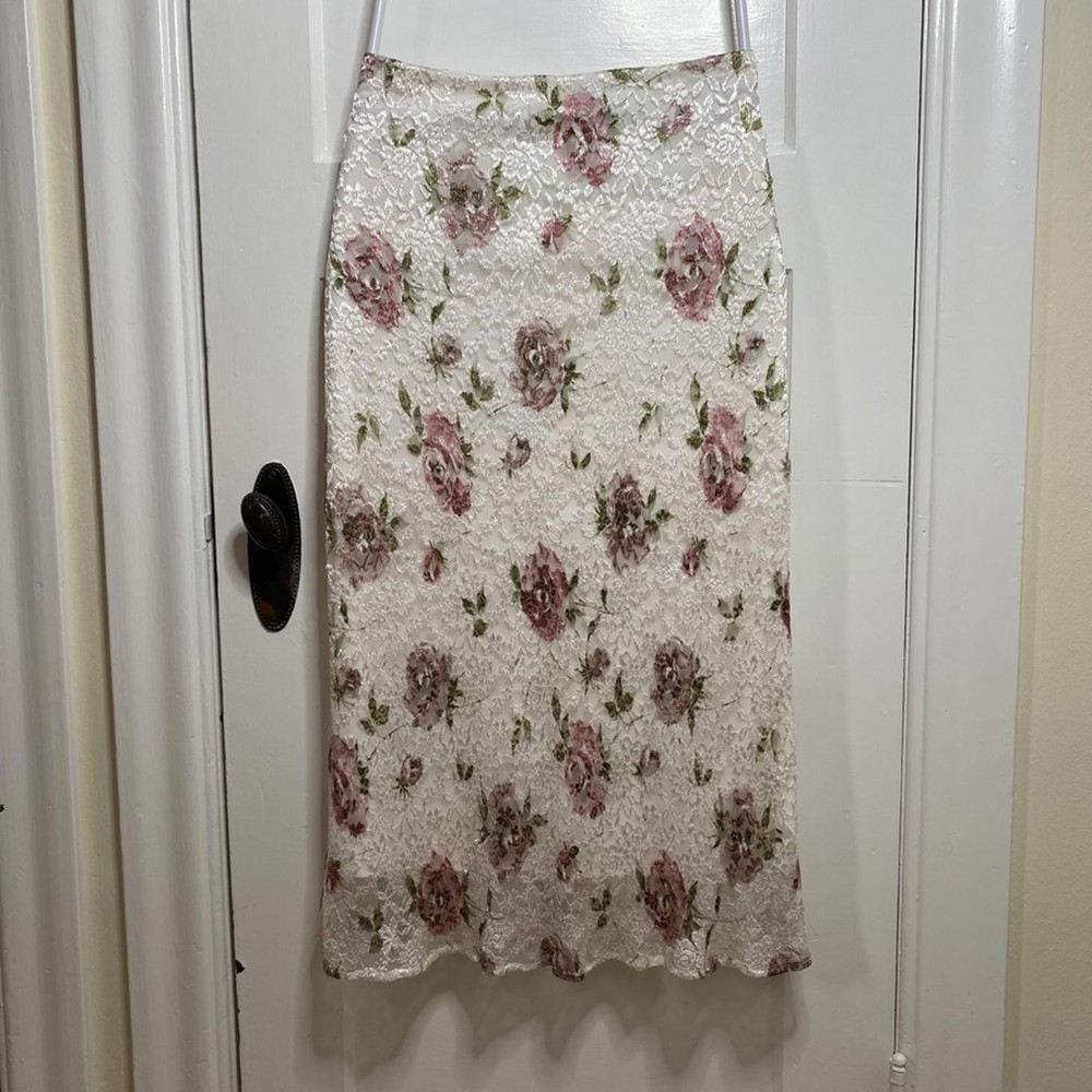 Vintage Floral Lace Midi Skirt Womens Medium Cottagecore 80s Y2K Boho Fairy