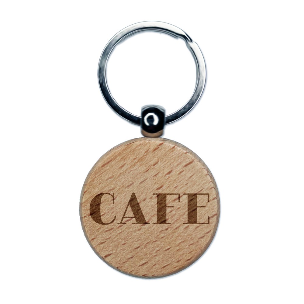 Cafe Fun Text Engraved Wood Round Keychain Tag Charm
