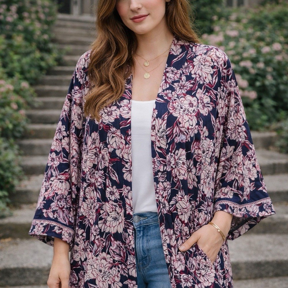 NWT Lucky Brand Womens Robe Sz L Floral Kimono Wrap Robe Pink Blue MSRP $58