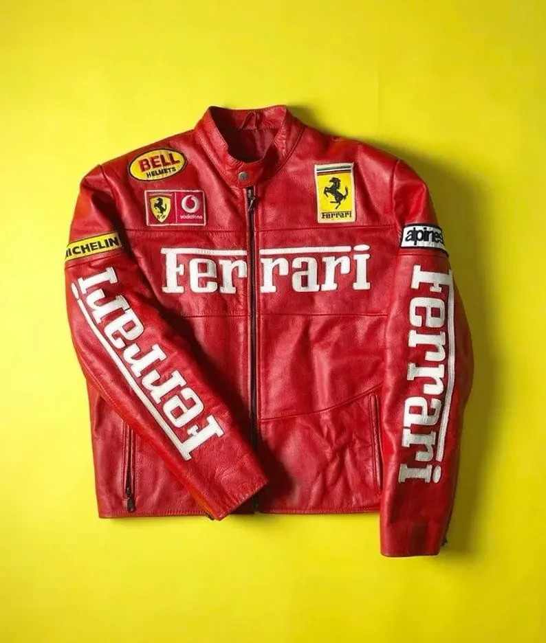 Ferrari Racing Red Leather Motorcycle Jacket Vintage World Champion Edition