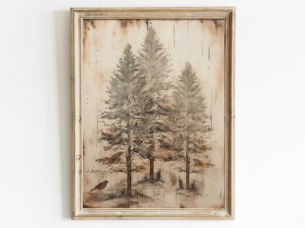 Spruce Tree Art Vintage Forest Wall Art Christmas Wall Art Antique Tree