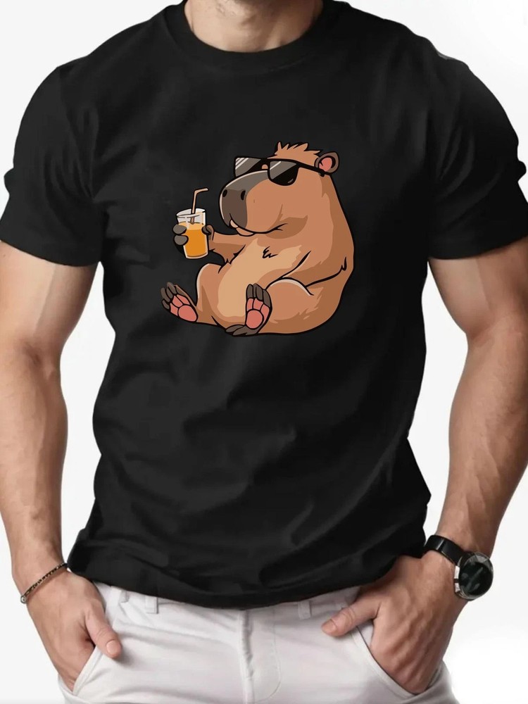 Cool Capybara Drinking Juice T-Shirt | Relaxed Vibes Graphic Tee