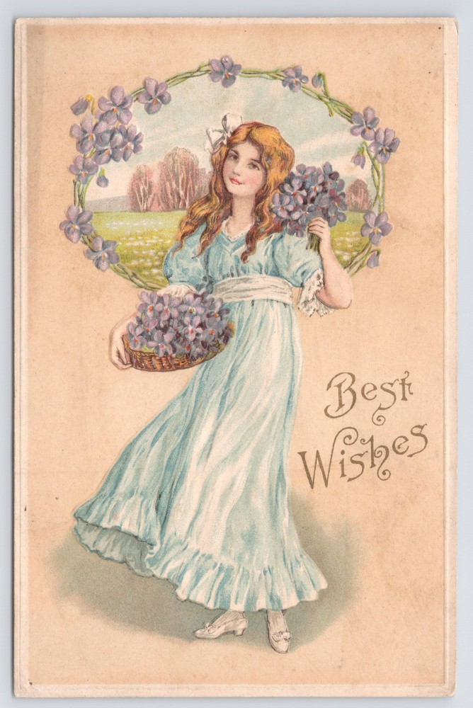 Best Wishes~Young Girl In Lt Blue Gown~Basket Of Violets~Bouquet~Emboss~1910 PC