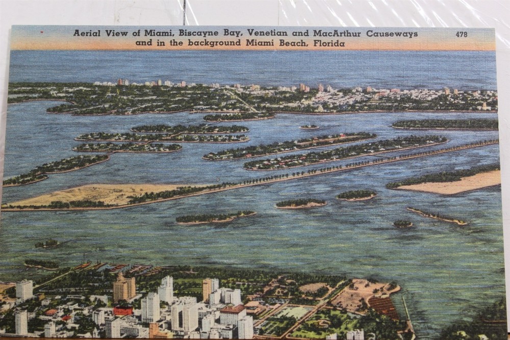 Florida FL Miami Beach Biscayne Bay Venetian MacArthur Causeways Postcard Old PC
