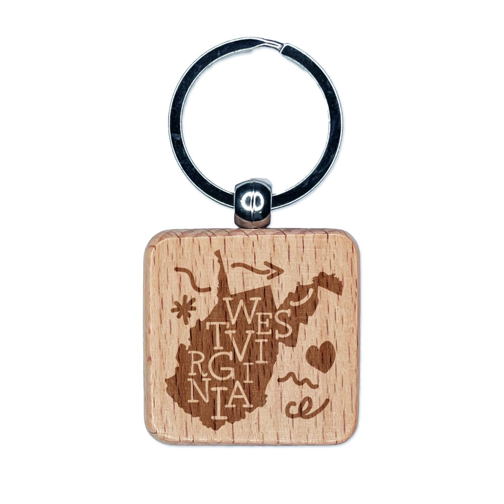 West Virginia Wood Keychain with Engraved Swirl Text Design