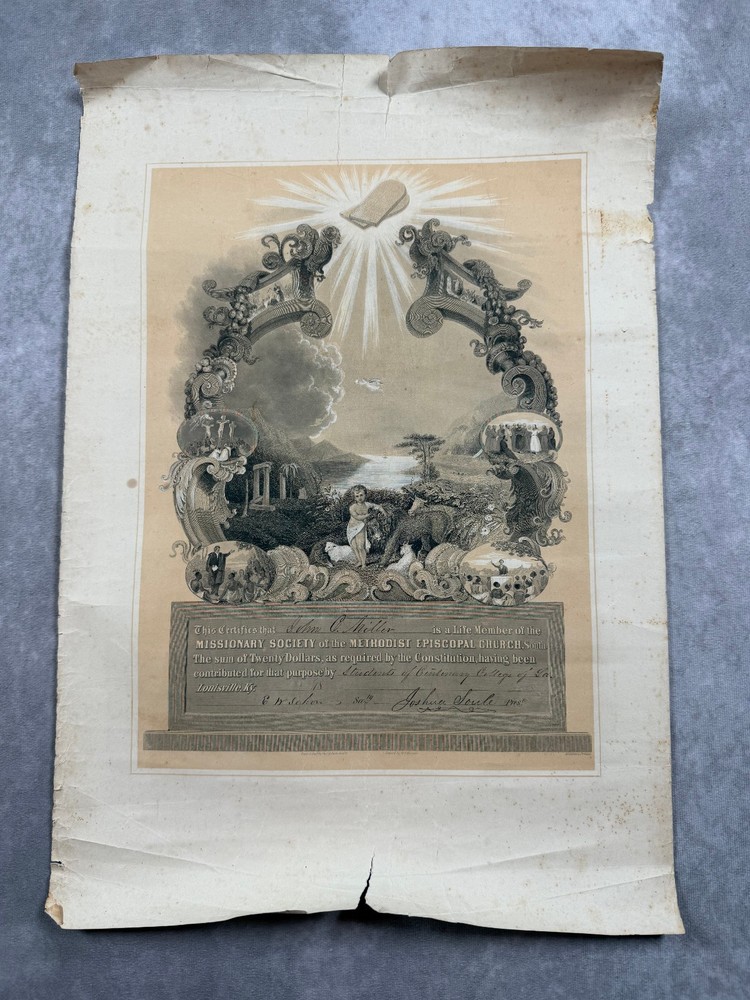 Circa 1859 Methodist Episcopal Church South Certificate Joshua Soule