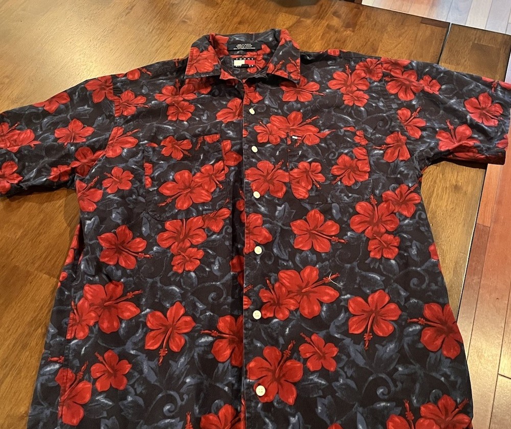 Tommy Hilfiger Men's Hawaiian Floral Shirt Large, Button Down, Short Sleeve